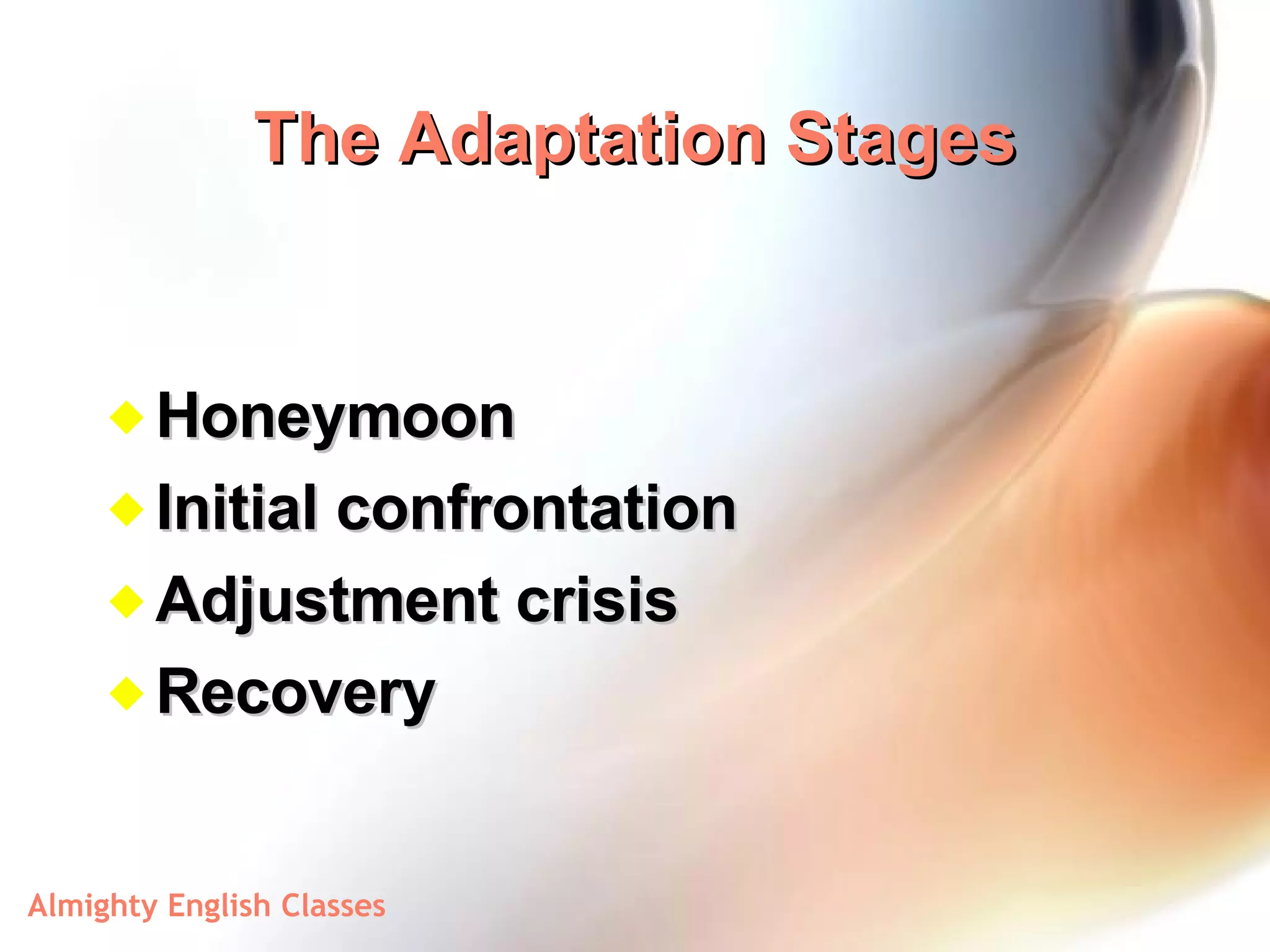 The Adaptation Stages Honeymoon Initial confrontation Adjustment crisis Recovery 