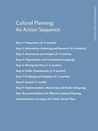 Cultural Planning: 
An Action Sequence 
Step 1: Preparation (2-3 months) 
Step 2: Information-Gathering and Research (4-6 months) 
Step 3: Assessment and Analysis (2-3 months) 
Step 4: Organization and Consultation (ongoing) 
Step 5: Writing the Plan (1-2 months) 
Step 6: Public Consultation (2-3 months) 
Step 7: Finalizing and Adoption (1-2 months) 
Step 8: Launch (1 month) 
Step 9: Implementation, Monitoring and Review (Ongoing) 
Tips: Recommendations for Effective Cultural Planning 
Implementation Strategies for Public-Sector Plans 
Cultural Planning: An Action Sequence 
 