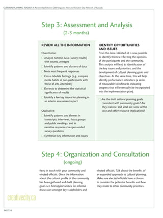 CULTURAL PLANNING TOOLKIT: A Partnership between 2010 Legacies Now and Creative City Network of Canada 
Step 3: Assessment and Analysis 
(2-3 months) 
Review all the information 
Quantitative: 
Analyze numeric data (survey results) 
with counts, averages 
Identify patterns and clusters of data 
Note most frequent responses 
Cross-tabulate findings (e.g., compare 
media habits of non-participants with 
those of arts-attendees) 
Do tests to determine the statistical 
significance of results 
Identify a few key issues for planning in 
an interim assessment report 
Qualitative: 
Identify patterns and themes in 
transcripts, interviews, focus groups 
and public meetings, and in 
narrative responses to open-ended 
survey questions 
Synthesize key information and issues 
Identify opportunities 
and issues 
From the data collected, it is now possible 
to identify themes reflecting the opinions 
of the participants and the community. 
This analysis will lead to identification of 
the key issues and priorities, and the 
development of cultural planning goals and 
objectives. At the same time, this will help 
identify performance indicators (a series 
of measurable benchmarks indicating 
progress that will eventually be incorporated 
into the implementation plan). 
Are the draft cultural planning goals 
consistent with community goals? Are 
they realistic, and what are some of the 
cost and other resource implications? 
Step 4: Organization and Consultation 
(ongoing) 
Keep in touch with your community and 
elected officials. Once the information 
about the cultural profile of the community 
has been gathered and draft planning 
goals set, find opportunities for informal 
discussion amongst key stakeholders and 
elected officials. Talk about the benefits of 
an expanded approach to cultural planning. 
Make sure elected officials have a chance 
to consider the potential benefits and how 
they relate to other community priorities. 
PAGE 24 
 