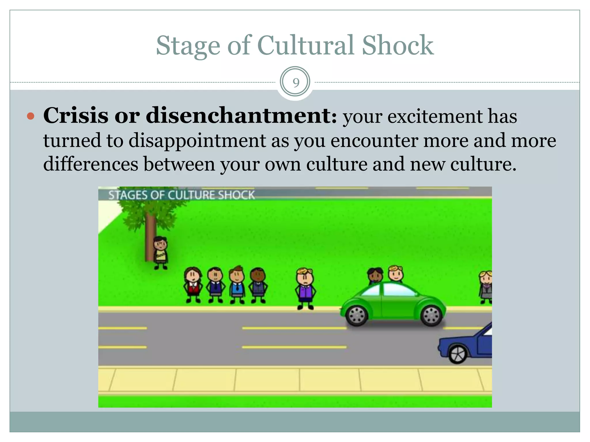 Stage of Cultural Shock
9
 Crisis or disenchantment: your excitement has
turned to disappointment as you encounter more and more
differences between your own culture and new culture.
 