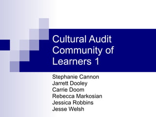 Cultural Audit Community of Learners 1 Stephanie Cannon Jarrett Dooley Carrie Doom Rebecca Markosian Jessica Robbins Jesse Welsh 