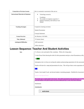 Connection to Previous Lessons     this is a summative assessment of the unit on.

 Instructional Materials & Handouts               Technology resources:

                                                  Vocabulary
                                                  The number of computers required is ?.
                                                  Students Familiarity with Software Tool:
                                                  Inkspot


        Teaching Strategies           Cooperative learning envirment.

                                      Student Presentation

                                      Concept Attainment

          Lesson Overview             Art, Business, Life Skills

          Time Allotment              -55 minute classes

       Anticipated Difficulties       -skill assessment

                                      -follow directions


Lesson Sequence: Teacher And Student Activities
                Into                  T- will give a mix and match of the vocabulary. While roll is being taken.

                                      T- show Power Point showing the rubric for their presentation and give a short Presentation on My C

                                      Rational:

                                      Anticipatory into is to focus on exciting the students and presenting expectations for the assessment

                                      Teacher will show her stamp and presentation for class. This will give them a stron expectation of

                                      EL -

                                      Teacher -front loaded Vocab and showed student a translating program. Modified the Assessment

                                      Student with Special Needs:

                                      The teacher gave a study guide for the lesson that will be presented in class and also gave it to Perl
                                      used and students with special needs received an additional day to work with Guest instructor.

                                      Attachments

                                      Attachments:


                                                  1.   pp for lesson
 