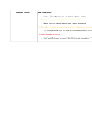 Post-Lesson Reflection   Post-Lesson Reflection:

                             1.   Describe which strategies or activities were successful. Explain how you know

                              The pre test was very important. It really set the expectations for the final

                             2.   Describe several ways you could change the lesson to improve student success.

                         I think I would have e-mailed the parents sooner to get more buy in. The parents were very excited

                             3.   After assessing the students’ work, what will be the focus of tomorrow’s lesson? What do

                         The test will be the focus for tomorrow

                             4.   Which Teacher Performance Expectation (TPE) will be the focus in your next lesson? Wh
 