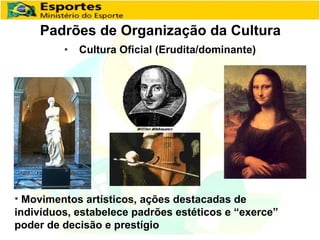 Padrões de Organização da Cultura Cultura Oficial (Erudita/dominante) Movimentos artísticos, ações destacadas de indivíduos, estabelece padrões estéticos e “exerce” poder de decisão e prestígio 