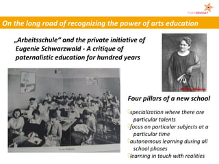 On the long road of recognizing the power of arts education

   „Arbeitsschule“ and the private initiative of
   Eugenie Schwarzwald - A critique of
   paternalistic education for hundred years




                                          Four pillars of a new school
                                          specialization where there are
                                             particular talents
                                          focus on particular subjects at a
                                             particular time
                                          autonomous learning during all
                                             school phases
                                          learning in touch with realities
 