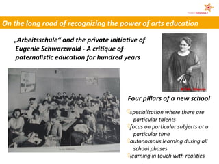 On the long road of recognizing the power of arts education

   „Arbeitsschule“ and the private initiative of
   Eugenie S...