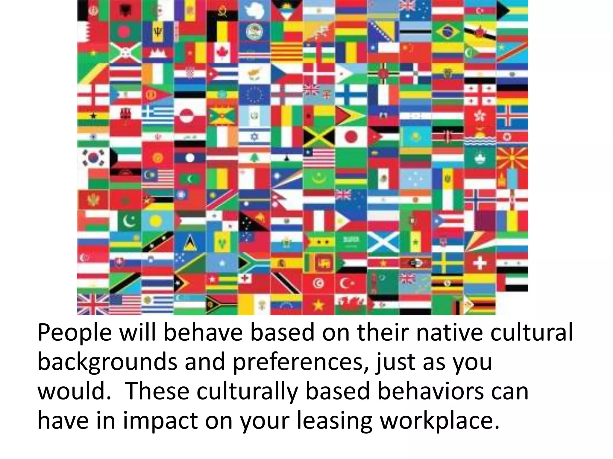 People will behave based on their native cultural
backgrounds and preferences, just as you
would. These culturally based behaviors can
have in impact on your leasing workplace.
 