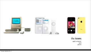 the icons
apple computer
ipod
iphone
Thursday, September 26, 13
 