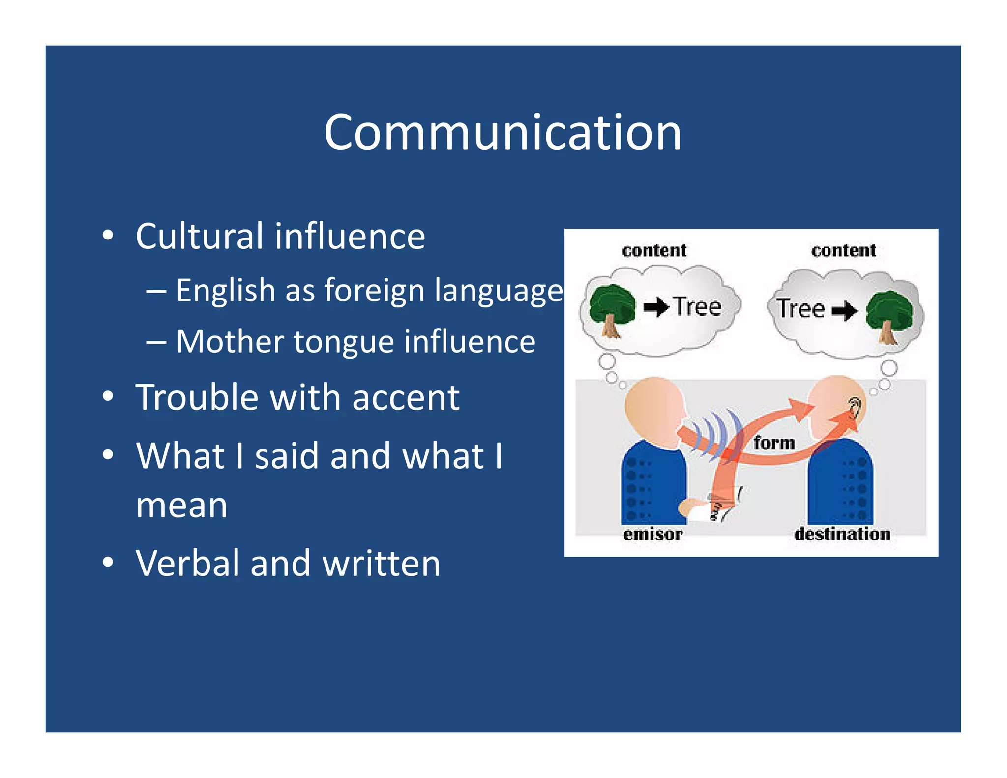 Communication
• Cultural influence
  – English as foreign language
  – Mother tongue influence
• Trouble with accent
• What I said and what I
  mean
• Verbal and written
 