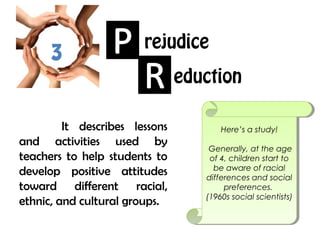 3
rejudice
  It describes lessons
and activities used by
teachers to help students to
develop positive attitudes
toward different racial,
ethnic, and cultural groups.
eduction
Here’s a study!
Generally, at the age
of 4, children start to
be aware of racial
differences and social
preferences.
(1960s social scientists)
Here’s a study!
Generally, at the age
of 4, children start to
be aware of racial
differences and social
preferences.
(1960s social scientists)
 