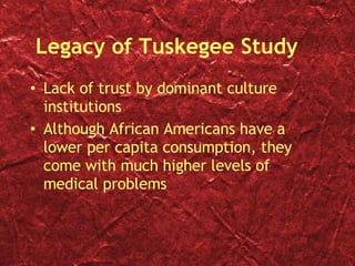 Legacy of Tuskegee Study Lack of trust by dominant culture institutions Although African Americans have a lower per capita consumption, they come with much higher levels of medical problems 