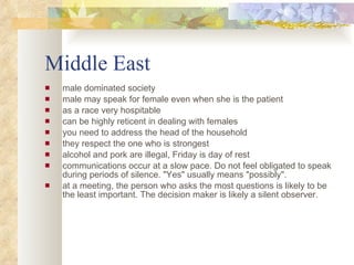Middle East  male dominated society  male may speak for female even when she is the patient as a race very hospitable can be highly reticent in dealing with females you need to address the head of the household they respect the one who is strongest  alcohol and pork are illegal, Friday is day of rest communications occur at a slow pace. Do not feel obligated to speak during periods of silence. "Yes" usually means "possibly". at a meeting, the person who asks the most questions is likely to be the least important. The decision maker is likely a silent observer. 