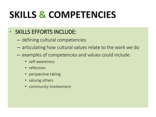 SKILLS & COMPETENCIES
• SKILLS EFFORTS INCLUDE:
– defining cultural competencies
– articulating how cultural values relate to the work we do
– examples of competencies and values could include:
• self-awareness
• reflection
• perspective taking
• valuing others
• community involvement
 