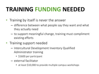 TRAINING FUNDING NEEDED
• Training by itself is never the answer
– difference between what people say they want and what
they actually need
– to support meaningful change, training must compliment
existing efforts
• Training support needed
– Intercultural Development Inventory Qualified
Administrator training
• $1600 per participant
– external facilitator
• at least $10,000 to provide multiple campus workshops
 