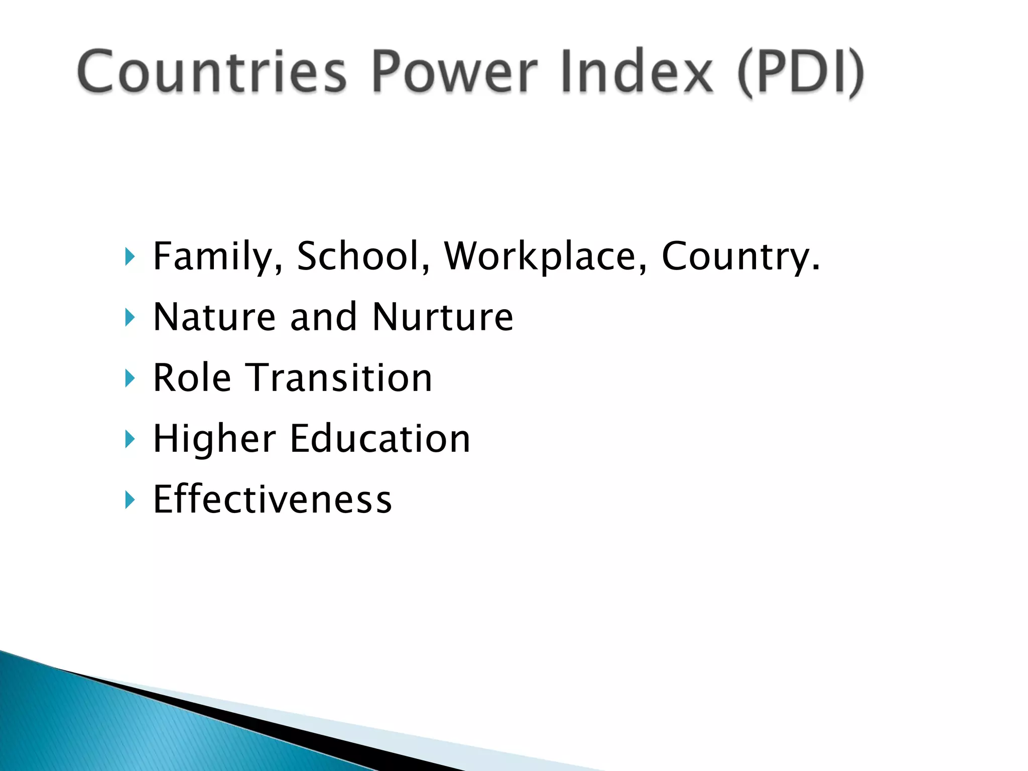 Family, School, Workplace, Country. Nature and Nurture Role Transition Higher Education Effectiveness 