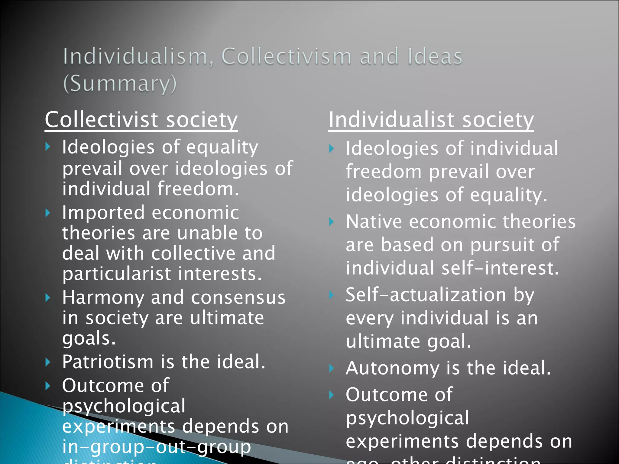 Collectivist society Ideologies of equality   prevail over ideologies of individual freedom. Imported economic theories are unable to deal with collective and particularist interests. Harmony and consensus in society are ultimate goals. Patriotism is the ideal. Outcome of psychological experiments depends on in-group-out-group distinction.  Individualist society Ideologies of individual freedom prevail over ideologies of equality. Native economic theories are based on pursuit of individual self-interest. Self-actualization by every individual is an ultimate goal. Autonomy is the ideal. Outcome of psychological experiments depends on ego-other distinction.  