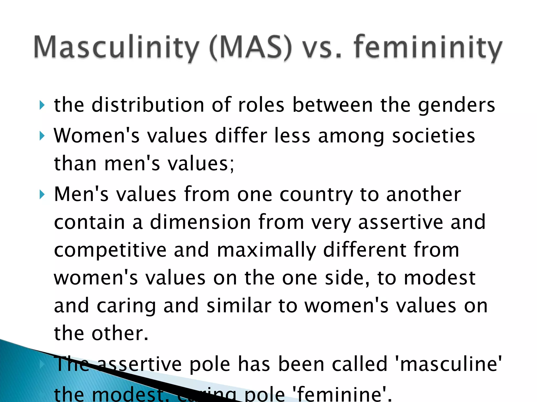 the distribution of roles between the genders  Women's values differ less among societies than men's values;  Men's values from one country to another contain a dimension from very assertive and competitive and maximally different from women's values on the one side, to modest and caring and similar to women's values on the other.  The assertive pole has been called 'masculine'  the modest, caring pole 'feminine'.  