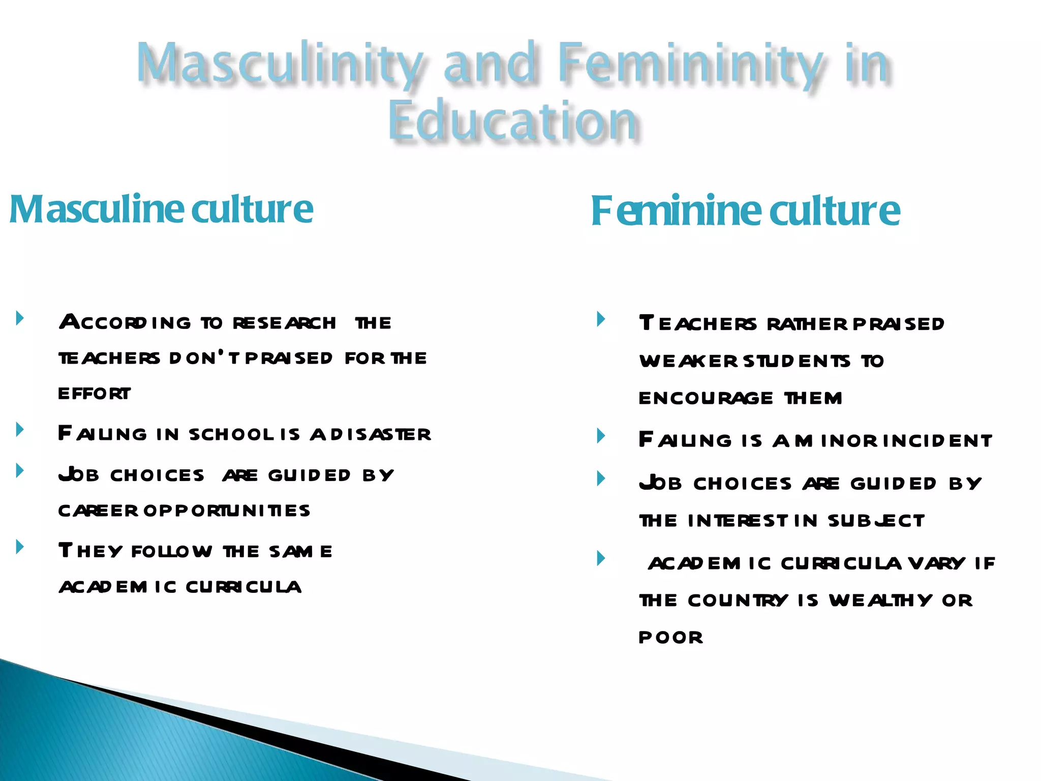 Masculine culture According to research  the teachers don’t praised for the effort Failing in school is a disaster Job choices  are guided by career opportunities They follow the same academic curricula Feminine culture Teachers rather praised weaker students to encourage them Failing is a minor incident Job choices are guided by the interest in subject academic curricula vary if the country is wealthy or poor 