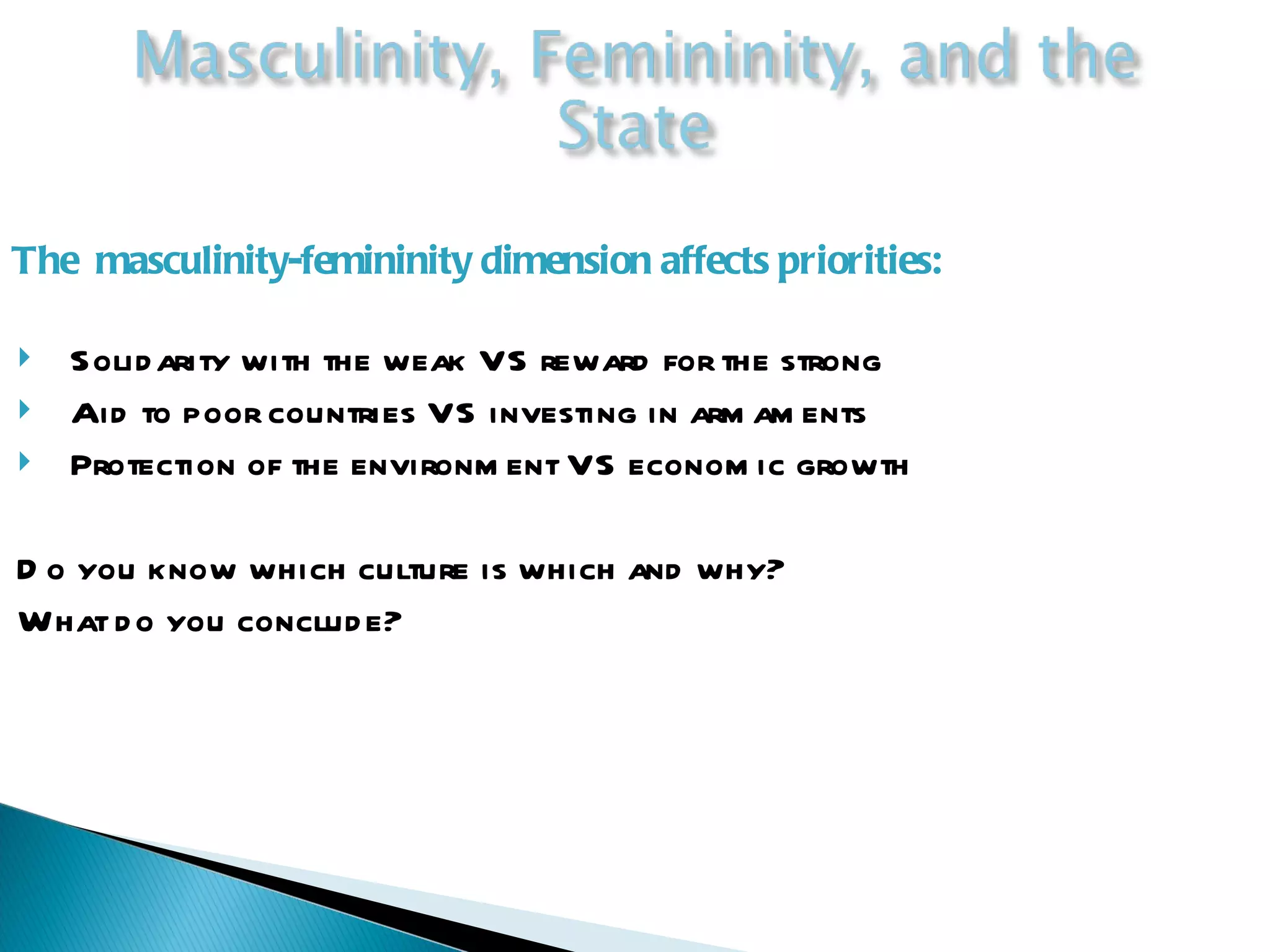The  masculinity-femininity dimension affects priorities: Solidarity with the weak VS reward for the strong Aid to poor countries VS investing in armaments Protection of the environment VS economic growth Do you know which culture is which and why? What do you conclude? 