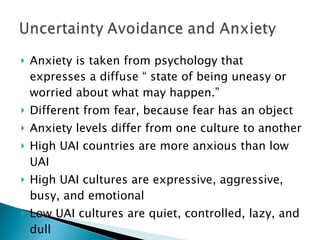 Anxiety is taken from psychology that expresses a diffuse “ state of being uneasy or worried about what may happen.” Different from fear, because fear has an object Anxiety levels differ from one culture to another High UAI countries are more anxious than low UAI High UAI cultures are expressive, aggressive, busy, and emotional Low UAI cultures are quiet, controlled, lazy, and dull 