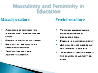 Masculine culture According to research  the teachers don’t praised for the effort Failing in school is a disaster Job choices  are guided by career opportunities They follow the same academic curricula Feminine culture Teachers rather praised weaker students to encourage them Failing is a minor incident Job choices are guided by the interest in subject academic curricula vary if the country is wealthy or poor 