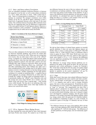 Figure 1 : Web Widget for Rating Games (Gamespot)
4.1.1 Inter- and Intra-culture Correlation
Next we calculated correlation coefficient (Pearson’s r) between
the categories to see the inter- as well as intra-culture correlations
(i.e., US vs. Japan, and critics vs. users). Table 3 shows the re-
sults. There is a strong (positive) correlation (r > 0.5) for all four
pairings we examined. The strongest correlations occur within
cultures (A for the US, and B for Japan), indicating at least a
broad level of agreement between critics and users in the same
culture. The correlation between the players (D) is distinctly lower
than the rest suggesting there may be differences in appreciation
of the same games between US and Japanese players. However, a
weaker correlation is still a correlation – meaning that differences
in appreciation may be subtle and not easily discernible.
Table 3. Correlation of the Scores Between Category
There are other explanations for the high intra-cultural correlation
we observed. Generally speaking, user reviews are written after
the appearance of reviews by critics. When users are writing their
own reviews, they are often aware of the score of the “official”
review. Livingston et al. found that players rated (scored) games
significantly lower when they had read negative reviews prior to
playing compared to players who had read a positive text [22].
Although their study focused on short-term effects and was de-
signed “to eliminate influencing effects (e.g., anchoring)” [22]
and other confounding factors, their findings may apply over a
more extended period of time, perhaps more so for games a future
amateur reviewer is looking forward to or has been doing research
on prior to purchase. Another explanation for the high positive
correlation is to consider an anchoring effect – a cognitive bias in
which judgments are strongly influenced by an initial value [9].
Consider the “widget” for rating a game on Gamespot (Figure 1):
it prominently displays the “official” score, Metacritic score and
the average user score. Game World’s site is similar: users can
submit scores and reviews from a pop-up page – with existing
scores visible beneath. The bias due to an anchoring effect may
result in users assigning higher scores when high numbers are
shown (vice versa for low scores).
4.1.2 US vs. Japanese Player Rating Scores
We then examined the scores provided by users, both Gamespot
and Game World, more closely. We wanted to see if there was
any difference between the users of the two cultures with respect
to preferences on hardware platform. Table 4 shows the average
score from each group of users broken out by platform. To get a
sense of the differences between platforms, for each group and for
each platform, we calculated how much the platform’s average
rating was above (+) or below (-) the average of the rest of the
platforms (combined) in the respective group.
Table 4. Average Rating Score by Platform
Gamespot Users Game World
(+/- mean) (+/- mean)
PS3 79.44 +1.54 68.35 +1.92
X360 77.92 +0.02 67.03 +0.60
Wii 73.89 -4.01 62.74 -3.69
DS 78.41 +0.51 67.27 +0.84
PSP 79.07 +1.17 64.64 -1.79
All Games 77.90 66.43
We did not find evidence of cultural biases against (or towards)
specific platforms. It does not seem that Japanese players are
harsher when it comes to rating games on Microsoft’s Xbox360
console (+0.02 vs. +0.60). However, there is a difference when it
comes to games for Sony’s PSP. Game World users were more
critical than Gamespot Users who were, relative to their respective
mean, more lenient (-1.79 vs. +1.17). However the differences
were not significant considering their standard deviations (9.93
and 12.13, shown in Table 2).
The differences in average ratings between platforms are ex-
plained by the quality of the games for them. We note the (com-
paratively) poor critical performance of games for Nintendo’s
Wii.3
It has been noted that the Wii has many low-quality budget
games (sometimes called shovelware [1]) that were “rushed out
quickly to capitalize on the system’s popularity” [18, pg 72].
Further examination of the games is required to verify this.
4.1.3 Yoge
While there weren’t that many inter-cultural differences based on
platform, we wondered if the same could be said when consider-
ing the “cultural origin” of each game. As mentioned earlier, yoge
(洋ゲ) is a Japanese term used to refer to foreign (Western)
games. The term is often used pejoratively. Would this be reflect-
ed in differences in review scores? We categorized all 221 games
as “yoge” or “not-yoge. This categorization was done from a
Japanese player’s perspective–we asked ourselves if they could
consider the game as yoge or not. Since the term is used loosely,
we used several criteria including: when was it released in Japan,
was it developed by a Japanese company, does the game feature
characters or IP strongly associated with Japanese popular culture
(e.g. manga, anime), and is the game part of a franchise tradition-
ally considered as originating in Japan. As a rule of thumb, we
considered a game as not-yoge if it distinctly met any of those
3
The difference between the mean of the platform (Wii) and the
mean of all other platforms (PS3+X360+DS+PSP) was statisti-
cally significant (P < 0.05) for both groups. The differences of
all other platforms, for both groups, were not statistically signif-
icant.
Review Score Pairing Correlation
A: Metacritic vs. Gamespot Users 0.821
B: Famitsu vs. Game World 0.826
C: Metacritic vs. Famitsu 0.692
D: Gamespot Users vs. Game World 0.578
 