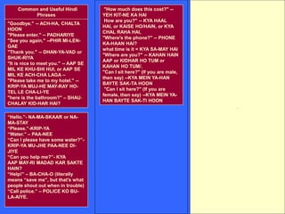 .
Common and Useful Hindi
Phrases
"Goodbye." -- ACH-HA, CHALTA
HOON
"Please enter." -- PADHARIYE
"See you again." --PHIR MI-LEN-
GAE
"Thank you." -- DHAN-YA-VAD or
SHUK-RIYA
"It is nice to meet you." -- AAP SE
MIL KE KHU-SHI HUI, or AAP SE
MIL KE ACH-CHA LAGA –
"Please take me to my hotel." --
KRIP-YA MUJ-HE MAY-RAY HO-
TEL LE CHA-LI-YE
"here is the bathroom?" – SHAU-
CHALAY KID-HAR HAI?
"How much does this cost?" --
YEH KIT-NE KA HAI
How are you?" -- KYA HAAL
HAI, or KAISE HO/HAIN, or KYA
CHAL RAHA HAI,
"Where's the phone?" -- PHONE
KA-HAAN HAI?
what time is it = KYA SA-MAY HAI
"Where are you?" -- KAHAN HAIN
AAP or KIDHAR HO TUM or
KAHAN HO TUM/.
"Can I sit here?" (If you are male,
then say) --KYA MEIN YA-HAN
BAYTE SAK-TA HOON
"Can I sit here?" (If you are
female, then say) --KYA MEIN YA-
HAN BAYTE SAK-TI HOON
“Hello.”- NA-MA-SKAAR or NA-
MA-STAY
“Please.”-KRIP-YA
“Water.” – PAA-NEE
“Can I please have some water?”-
KRIP-YA MU-JHE PAA-NEE DI-
JIYE
“Can you help me?”- KYA
AAP MAY-RI MADAD KAR SAKTE
HAIN?
“Help!” – BA-CHA-O (literally
means “save me”, but that’s what
people shout out when in trouble)
“Call police.” – POLICE KO BU-
LA-AIYE.
 