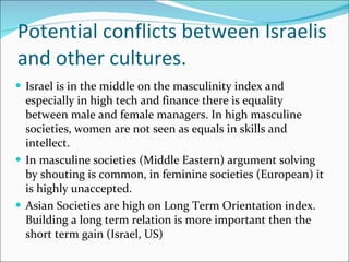 Potential conflicts between Israelis and other cultures. Israel is in the middle on the masculinity index and especially in high tech and finance there is equality between male and female managers. In high masculine societies, women are not seen as equals in skills and intellect. In masculine societies (Middle Eastern) argument solving by shouting is common, in feminine societies (European) it is highly unaccepted. Asian Societies are high on Long Term Orientation index. Building a long term relation is more important then the short term gain (Israel, US) 