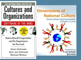 Cross-culture Communication
(Chapter 2,3,4,5)
Presented by
LEI ZHANG
IES14020
Dimensions of
National Culture
 