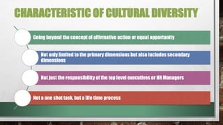CHARACTERISTIC OF CULTURAL DIVERSITY
Going beyond the concept of affirmative action or equal opportunity
Not only limited to the primary dimensions but also includes secondary
dimensions
Not just the responsibility of the top level executives or HR Managers
Not a one shot task, but a life time process
 