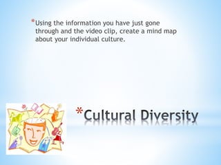 *
*Using the information you have just gone
through and the video clip, create a mind map
about your individual culture.
 