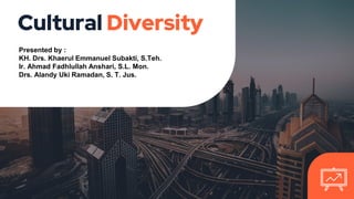 Cultural Diversity
Presented by :
KH. Drs. Khaerul Emmanuel Subakti, S.Teh.
Ir. Ahmad Fadhlullah Anshari, S.L. Mon.
Drs. Alandy Uki Ramadan, S. T. Jus.
 