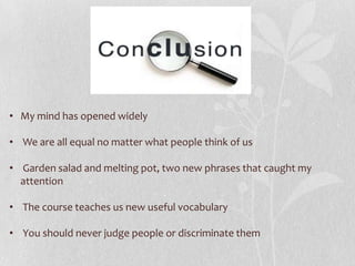 • My mind has opened widely
• We are all equal no matter what people think of us
• Garden salad and melting pot, two new phrases that caught my
attention
• The course teaches us new useful vocabulary
• You should never judge people or discriminate them

 