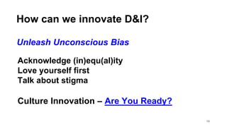 14
Acknowledge (in)equ(al)ity
Love yourself first
Talk about stigma
Culture Innovation – Are You Ready?
How can we innovat...