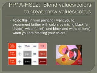 • To do this, in your painting I want you to
 experiment further with colors by mixing black (a
 shade), white (a tint), and black and white (a tone)
 when you are creating your colors.
 