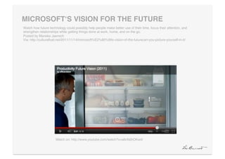 MICROSOFTʻS VISION FOR THE FUTURE"
Watch how future technology could possibly help people make better use of their time, focus their attention, and
strengthen relationships while getting things done at work, home, and on the go. 
Posted by Mareike Jaensch  
Via: http://culturalfuel.net/2011/11/14/microsoft%E2%80%99s-vision-of-the-futurecan-you-picture-yourself-in-it/!




                      Watch on: http://www.youtube.com/watch?v=a6cNdhOKwi0!
 