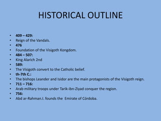 HISTORICAL OUTLINE929:Abdar-Rahman III. proclaims himself Caliph of Córdoba.1031:Decline of the Caliphate.since 1086:Reign of the Almoravids.Mid 12th C.:Reign of the Almohads.1212:Christian troops defeat the Almohads close to Las Navas de Tolosa.13th C.:The Kastilian rulers conquer large parts of Andalusia.1232 – 1492:Nasrid Kingdom in Granada