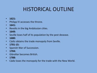 HISTORICAL OUTLINE1812:FirstSpanishConstitution (Cádiz).1834-39:Wars for the Spanish throne.1873:FirstSpanishRepublic.1875:Restauration of the monarchy under Alfonso XII1892:Revolts in Jerez de la Frontera.1898:Lost of the last Spanish colonies.1900-31:Period of social and economic tensions.1923-30:Dictatorship under General Primo de Rivera.