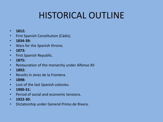 HISTORICAL OUTLINE1929:Ibero-American world exposition in Seville.1931-36:2nd Republic.1936-39:Civil War.1939-75:Dictatorship of General Franco.1975:Juan Carlos I. King of Spain.1977:Free elections in Spain.1982:Andalusia receives the status of an autonomous region. Regional Parliament elections.1986:Spain becomes member of the European Community (Today: European Union).1992:EXPO in Seville.