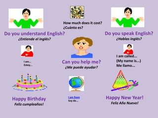I am fine.EstoybienI don't know.No lo sé.Good morningBuenos díasGood afternoonBuenastardesI am happy.Estoyalegre. I am hungry.Tengohambre.I don't like it.No me gusta.Good-bye.AdiósI am sad.Estoytriste.Good eveningBuenasnochesI am sick.Estoyenfermo.Good nightBuenasnoches.