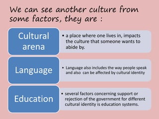 We can see another culture from 
some factors, they are : 
• a place where one lives in, impacts 
the culture that someone wants to 
abide by. 
Cultural 
arena 
• Language also includes the way people speak 
and also can be affected by cultural identity Language 
• several factors concerning support or 
rejection of the government for different 
cultural identity is education systems. 
Education 
 