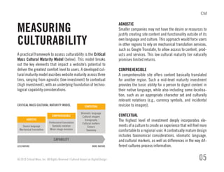 A practical framework to assess culturability is the Critical
Mass Cultural Maturity Model (below). This model breaks
out the key elements that impact a website’s potential to
deliver the greatest comfort level to users. A developed cul-
tural maturity model ascribes website maturity across three
tiers, ranging from agnostic (low investment) to contextual
(high investment), with an underlying foundation of techno-
logical capability considerations.
AGNOSTIC
Smaller companies may not have the desire or resources to
justify creating site content and functionality outside of its
own language and culture. This approach would force users
in other regions to rely on mechanical translation services,
such as Google Translate, to allow access to content, prod-
ucts and services. This low cultural maturity tier naturally
promises limited returns.
COMPREHENSIBLE
A comprehensible site offers content basically translated
for another region. Such a mid-level maturity investment
provides the basic ability for a person to digest content in
their native language, while also including some localisa-
tion, such as an appropriate character set and culturally
relevant notations (e.g., currency symbols, and incidental
revision to imagery).
CONTEXTUAL
The highest level of investment deeply incorporates ele-
ments of a culture to create an experience that will feel more
comfortable to a regional user. A contextually mature design
includes taxonomical considerations, idiomatic language,
and cultural markers, as well as differences in the way dif-
ferent cultures process information.
CRITICAL MASS CULTURAL MATURITY MODEL
© 2013 Critical Mass, Inc. All Rights Reserved | Cultural Impact on Digital Design 05
MEASURING
CULTURABILITY
CAPABILITY
LESS MATURE MORE MATURE
Source language
Mechanical translation
Professional translation
Symbolic notation
Minor image revisions
Idiomatic language
Cultural imagery
Iconography
Cultural markers
Colours
Taxonomy
 