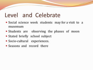 Level and Celebrate
Social science week students may for a visit to a
musemum
Students are observing the phases of moon
Stated briefly school subject
Socio-cultural experiences.
Seasons and record there