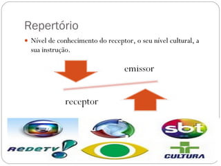 Repertório Nível de conhecimento do receptor, o seu nível cultural, a sua instrução.  