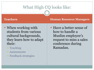 Teachers Human Resource Managers When working with students from various cultural backgrounds, they learn how to adapt their: Teaching Assessments Feedback strategies Have a better sense of how to handle a Muslim employee’s request to miss a sales conference during Ramadan. What High CQ looks like: 