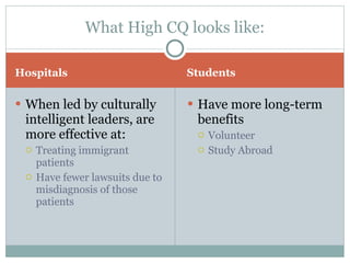 Hospitals Students When led by culturally intelligent leaders, are more effective at: Treating immigrant patients Have fewer lawsuits due to misdiagnosis of those patients Have more long-term benefits  Volunteer Study Abroad What High CQ looks like: 