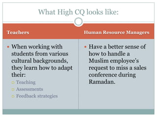 What High CQ looks like:

Teachers                    Human Resource Managers


 When working with          Have a better sense of
 students from various        how to handle a
 cultural backgrounds,        Muslim employee’s
 they learn how to adapt      request to miss a sales
 their:                       conference during
    Teaching                 Ramadan.
    Assessments
    Feedback strategies
 