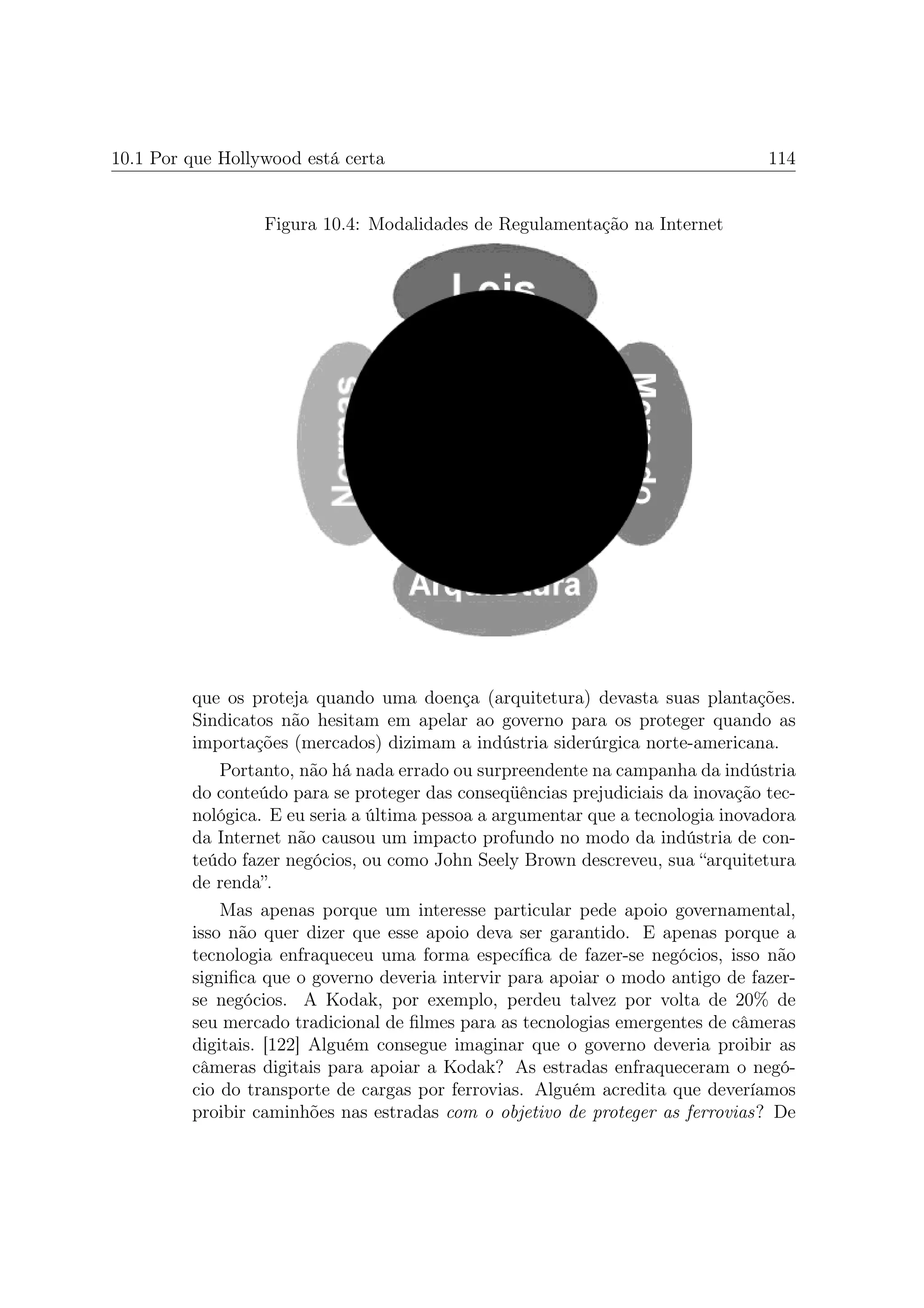 10.1 Por que Hollywood está certa                                                114


                  Figura 10.4: Modalidades de Regulamentação na Internet




         que os proteja quando uma doença (arquitetura) devasta suas plantações.
         Sindicatos não hesitam em apelar ao governo para os proteger quando as
         importações (mercados) dizimam a indústria siderúrgica norte-americana.
             Portanto, não há nada errado ou surpreendente na campanha da indústria
         do conteúdo para se proteger das conseqüências prejudiciais da inovação tec-
         nológica. E eu seria a última pessoa a argumentar que a tecnologia inovadora
         da Internet não causou um impacto profundo no modo da indústria de con-
         teúdo fazer negócios, ou como John Seely Brown descreveu, sua “arquitetura
         de renda”.
             Mas apenas porque um interesse particular pede apoio governamental,
         isso não quer dizer que esse apoio deva ser garantido. E apenas porque a
         tecnologia enfraqueceu uma forma especíﬁca de fazer-se negócios, isso não
         signiﬁca que o governo deveria intervir para apoiar o modo antigo de fazer-
         se negócios. A Kodak, por exemplo, perdeu talvez por volta de 20% de
         seu mercado tradicional de ﬁlmes para as tecnologias emergentes de câmeras
         digitais. [122] Alguém consegue imaginar que o governo deveria proibir as
         câmeras digitais para apoiar a Kodak? As estradas enfraqueceram o negó-
         cio do transporte de cargas por ferrovias. Alguém acredita que deveríamos
         proibir caminhões nas estradas com o objetivo de proteger as ferrovias? De
 