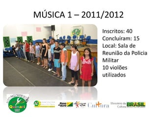 MÚSICA 1 – 2011/2012
Inscritos: 40
Concluíram: 15
Local: Sala de
Reunião da Policia
Militar
10 violões
utilizados
 