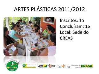ARTES PLÁSTICAS 2011/2012
Inscritos: 15
Concluíram: 15
Local: Sede do
CREAS
 